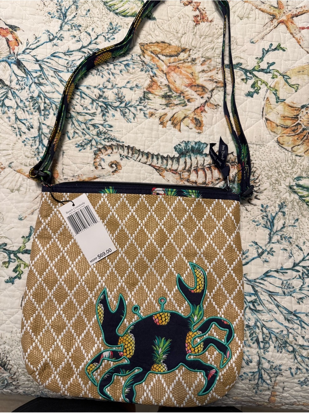 Vera Bradley Crab Embroidered Straw Crossbody Bag - Tan